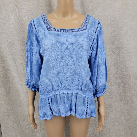 Democracy Bonnet Sleeve Square Crochet Neck Mineral Wash Peplum Woven Top - Picture 2 of 14